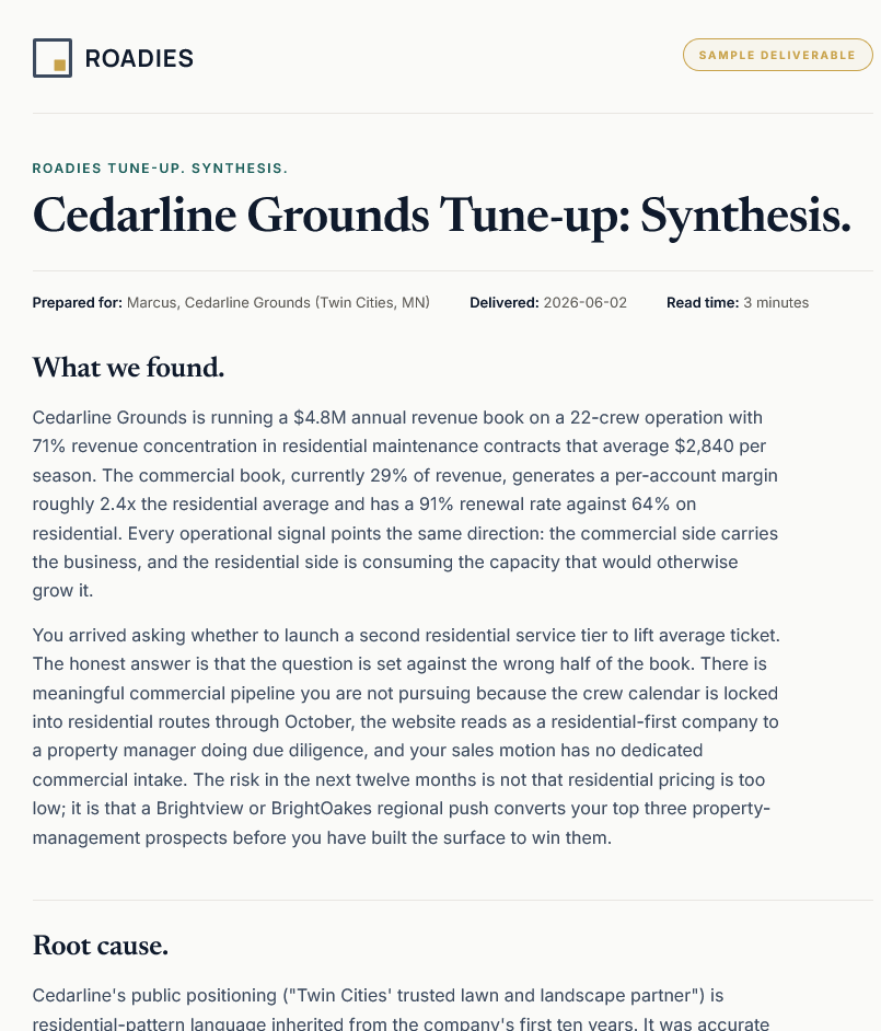A sample Roadies Tune-up synthesis page showing the opening read and what we found.